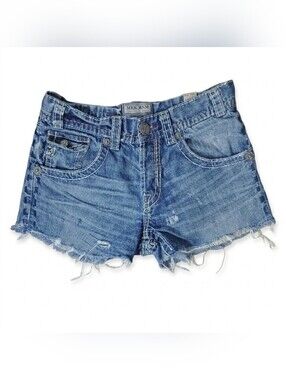 MEK Blue Jean Shorts with Distressed Hem and Casual Style Silver Buttons